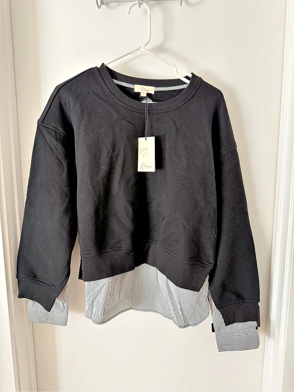 Elan Layered Striped Hem Top Black & White